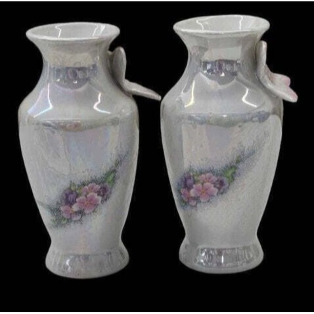 Opalescent Glaze Porcelain Vases 1970s Butterfly Carnival Glaze Ceramic Petite - Picture 1 of 11